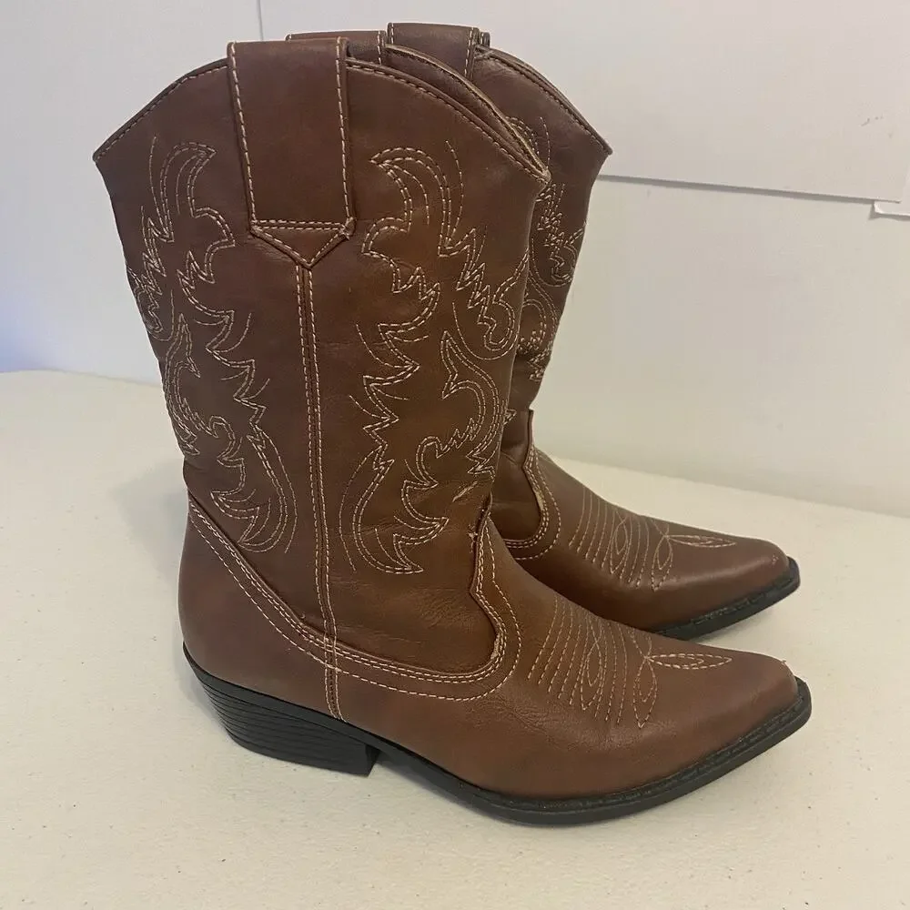 AMERICAN EAGLE Western Cowboy Boots Women 5 Brown FauxLeather Embroidery Boho